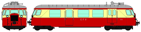 REE Modeles VM-003 - French Billard Railcar CFV Tourist N°316, 2 Lights, Ruby/Cream, Alu Roof Era IV - ANALOG